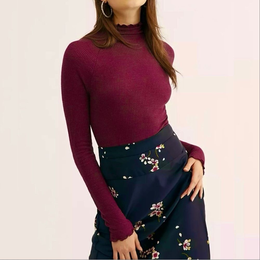 Free People Turtleneck Thermal Dark Red Burgundy Long Sleeve Waffle Knit Top